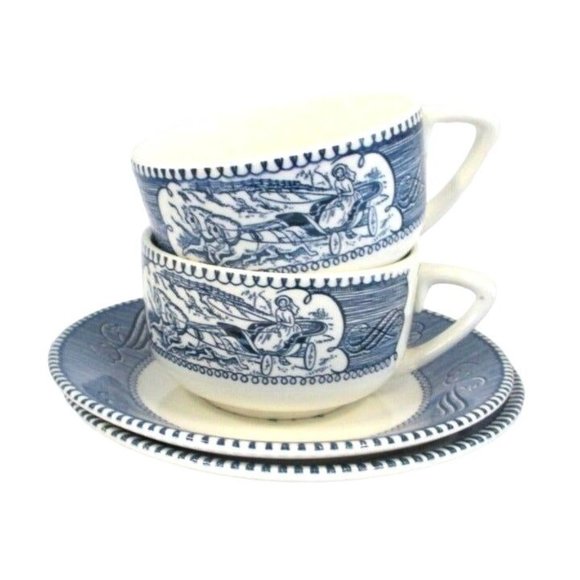 2 Currier and Ives Royal China Cup & Saucer Sets Replacement Dinnerware - Picture 1 of 4